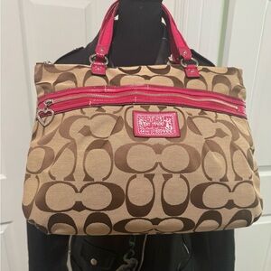 Coach Poppy Brown and Fuchsia Canvas Tote